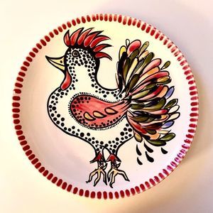 Artisan Hand Painted Colorful Rooster Dinner Plate, 9 3/4” Diameter. 1999